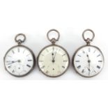 Three silver gentleman's open face pocket watches, two with fusee movement and a Waltham Mass