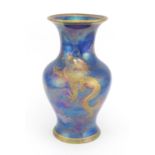 Maling purple lustre baluster vase, hand painted and gilded with two dragons amongst clouds, factory
