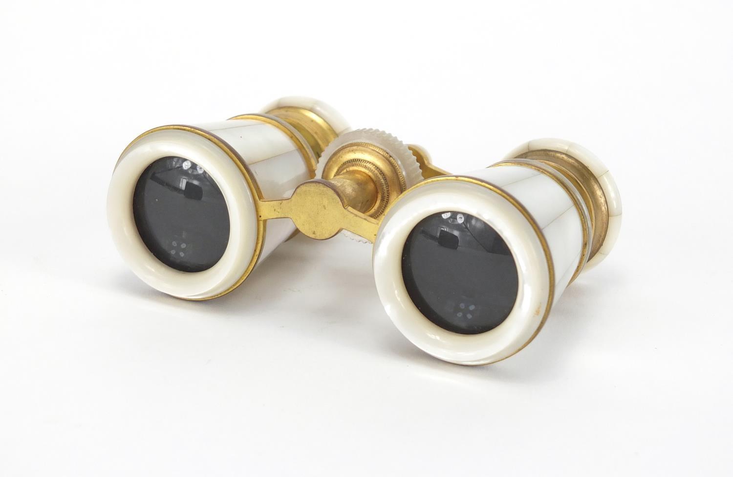 Pair of gilt brass and Mother of Pearl opera glasses, retailed by J C Nckechneo of Edinburgh, with - Image 2 of 3