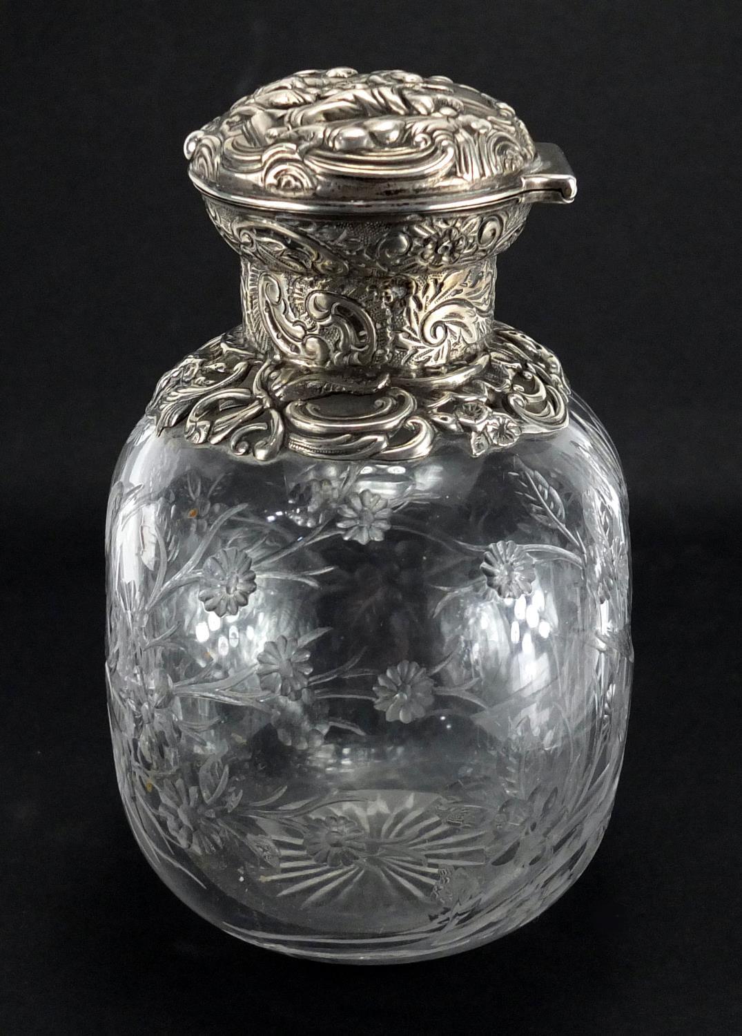 Victorian silver topped Webb rock crystal scent bottle carved with a bird amongst flowers, the - Image 7 of 11