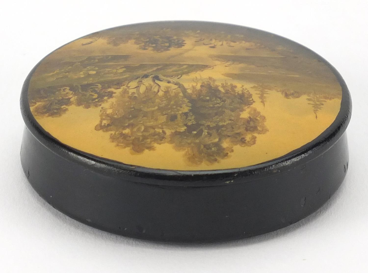 Russian lacquered snuff box, the lid hand panted with a river, indistinctly titled and inscribed - Image 3 of 7