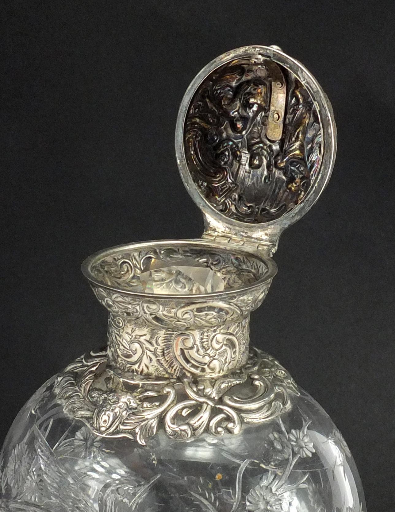 Victorian silver topped Webb rock crystal scent bottle carved with a bird amongst flowers, the - Image 4 of 11