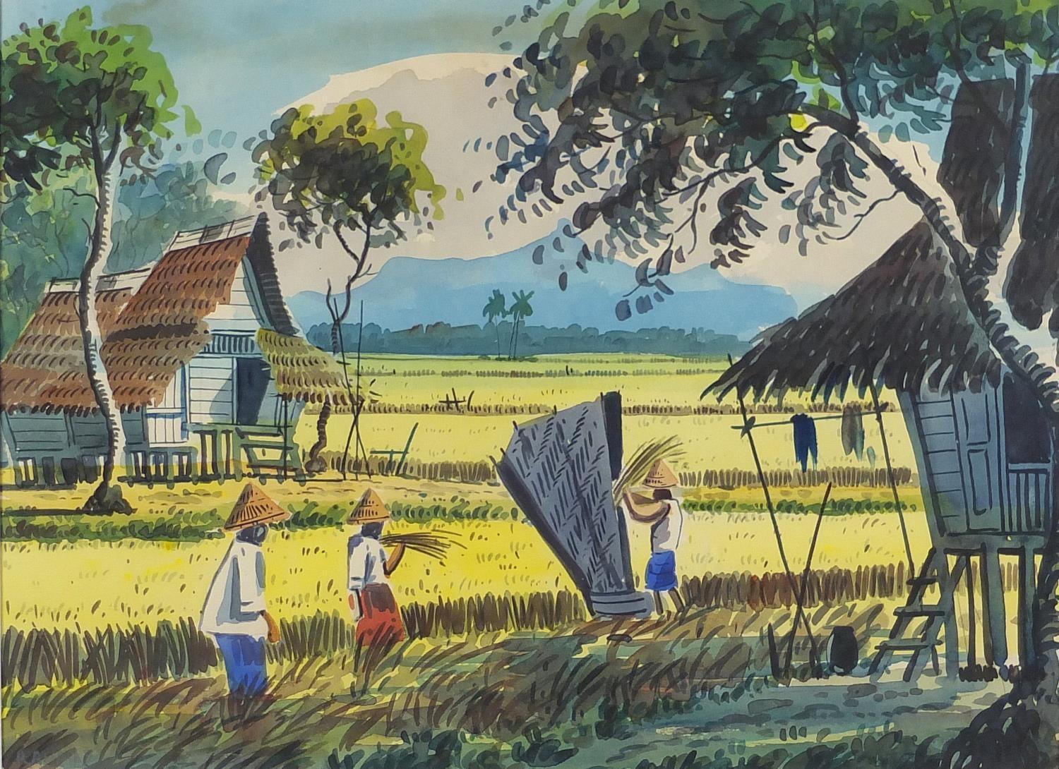 Abu Bakar Ibrahim - Cotton traders and rice pickers, pair of watercolours, both mounted and - Image 7 of 11
