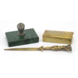 Writing objects comprising a silver handled green marble paperweight, brass stamp case and brass