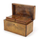 Victorian cross banded walnut tea caddy with twin divisional interior, 14.5cm high x 15.5cm wide