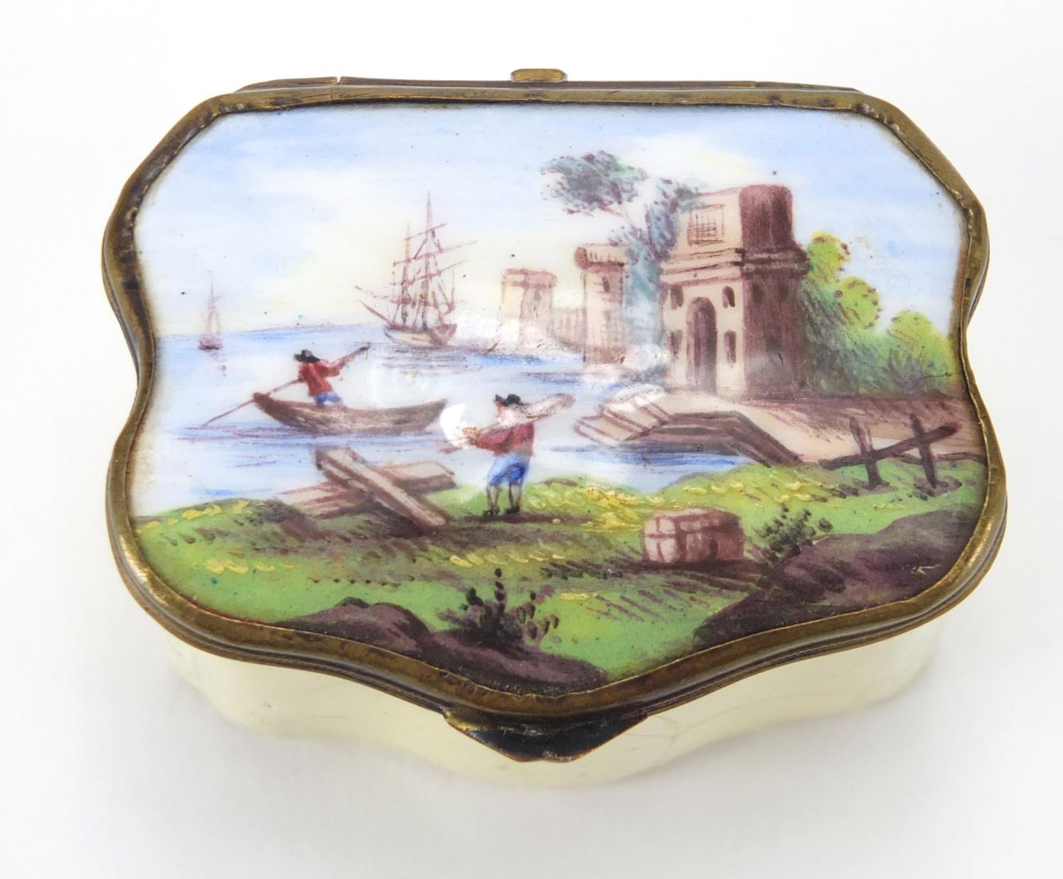 Antique shaped enamel patch box hand painted with continental figures and boats, 2.9cm H x 5cm W x - Image 2 of 6