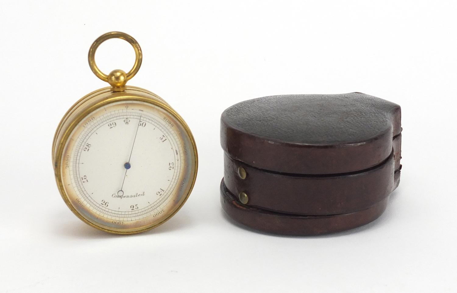 19th century gilt brass pocket weath station with compensated barometer, thermometer and compass,