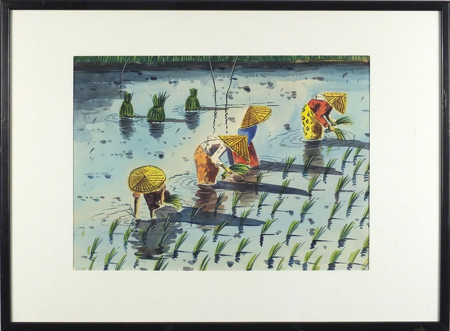 Abu Bakar Ibrahim - Cotton traders and rice pickers, pair of watercolours, both mounted and - Image 3 of 11