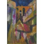 Abstract composition, stylised landscape, oil on board, bearing a signature Bomberg and London