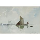 Edward Wesson - Moored boats just off the coast, watercolour on card, mounted and framed, 45cm x
