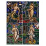 Set of four late 19th/early 20th leaded stain glass windows, each hand painted in the Pre-Raphaelite