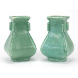 Pair of C H Brannam celadon glazed vases, in the Chinese style both with impressed marks to the
