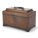 Victorian inlaid mahogany caddy box with fitted interior, on bracket feet, 15.5cm H x 24cm W x