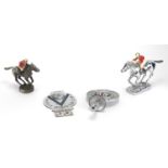 Four chrome car mascots including two hand painted examples in the form of jockey's on horseback