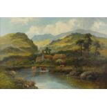 William Langley - Mountain landscape with farm houses and cattle in water, oil on canvas, framed,