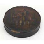 19th century papier-mâché snuff box, hand painted with two figures, 9cm in diameter Further