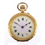 Ladies 18ct gold pocket watch with floral chased decoration, 3cm in diameter, approximate weight