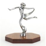 Art Deco silvered bronze car mascot of an Art Deco female, stamped Lorenzl, on wooden base, 18cm