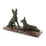 Art Deco marble sculpture mounted with two bronzed German Shepherds, 52cm wide Further condition
