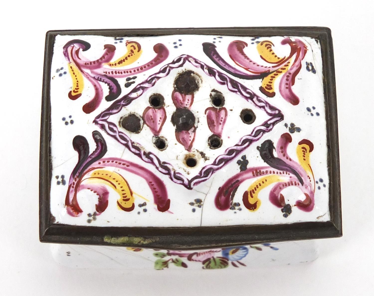 Antique rectangular enamel patch box hand painted with flowers, 3cm H x 4.6cm W x 3.5cm D Further - Image 2 of 4