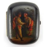 19th century Russian lacquered case, hand painted with two figures crossing a fence, 7cm high x 5.