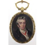 19th century oval hand painted portrait miniature of a gentleman, housed in a gilt metal locket