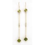 Pair of Art Deco 9ct gold peridot and diamond drop earrings, 10cm in length, approximate weight 5.0g