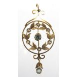 Art Nouveau 9ct gold pendant set with seed pearls and blue stones, 4cm in length, approximate weight