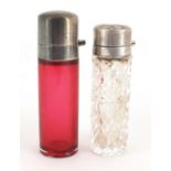 Victorian Cranberry glass silver topped scent bottle with silver lid and one other, hallmarked