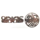 Two Celtic design Scottish silver brooches by Shetland, the largest 6cm wide, approximate weight