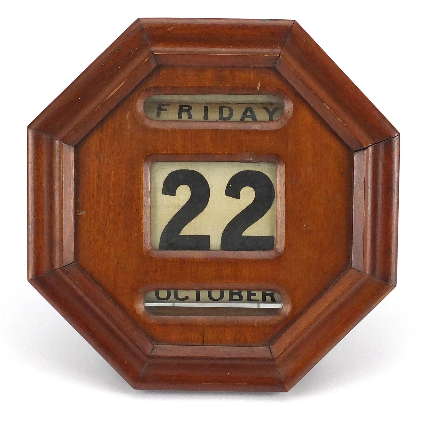 Victorian mahogany wall roller day date calendar with octagonal face, 31cm x 30cm Further