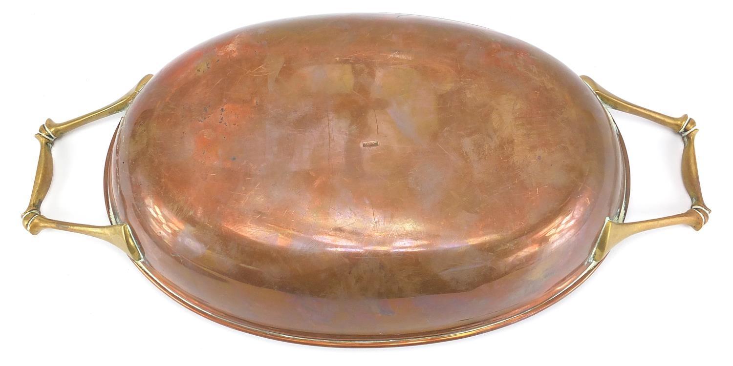 Benson copper and brass lidded tureen with twin handles, stamped Benson to the base, 37cm wide - Image 4 of 5