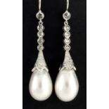 Pair of 18ct white gold Pearl drop and Diamond earrings, 5cm in length, approximate weight 8.6g