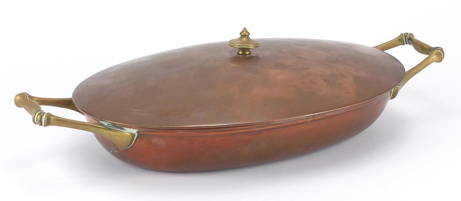 Benson copper and brass lidded tureen with twin handles, stamped Benson to the base, 37cm wide - Image 2 of 5
