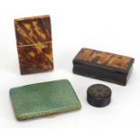 Antique objects comprising a blonde tortoiseshell card case, tortoiseshell and horn snuff box,