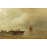Lakeshore with fishing boats, 19th century oil on canvas, indistinctly signed to the lower right,
