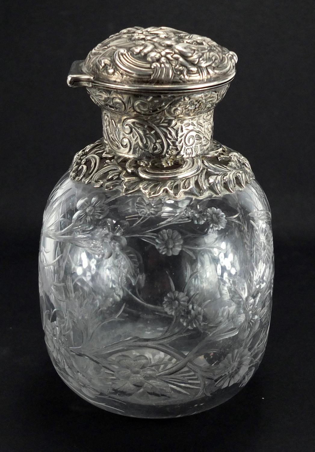 Victorian silver topped Webb rock crystal scent bottle carved with a bird amongst flowers, the - Image 10 of 11