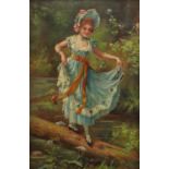 A Glendening 1884 - Young female crossing a river holding her dress, 19th century oil on canvas,
