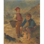Two boys on a beach playing with a crab, Irish school oil on canvas, bearing a monogram AGT, mounted