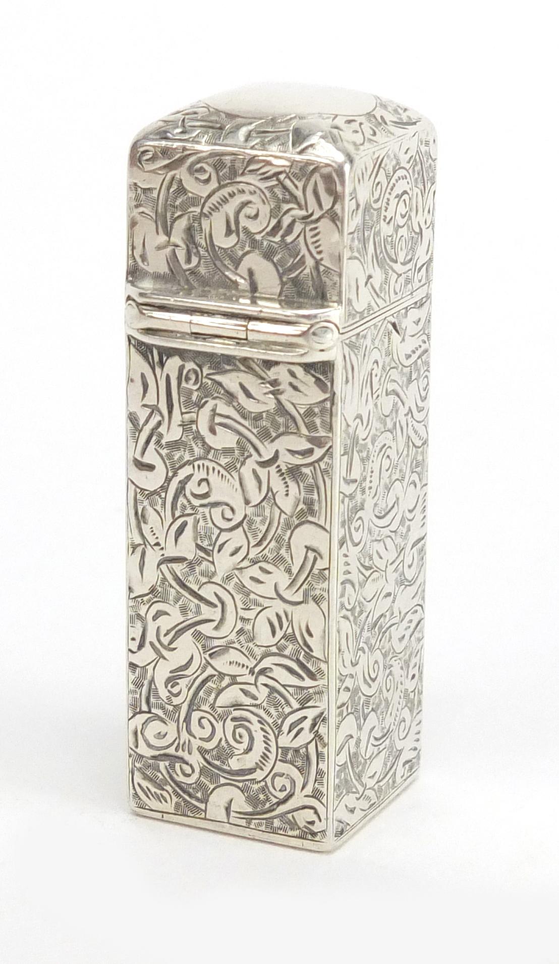 Victorian silver scent bottle Sampson Mordan & Co engraved with floral motifs, London 1888, 5.3cm - Image 2 of 4