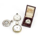 Three pocket watches including silver half hunter, silver open face, one with fusee movement and a