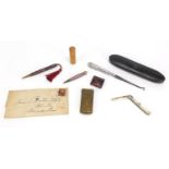 Antique and later miscellaneous objects including The Quadruple Needle Casket, silver bladed