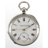 Gentleman's silver open face pocket watch, with subsidiary dial marked Fattorini & Sons Stein