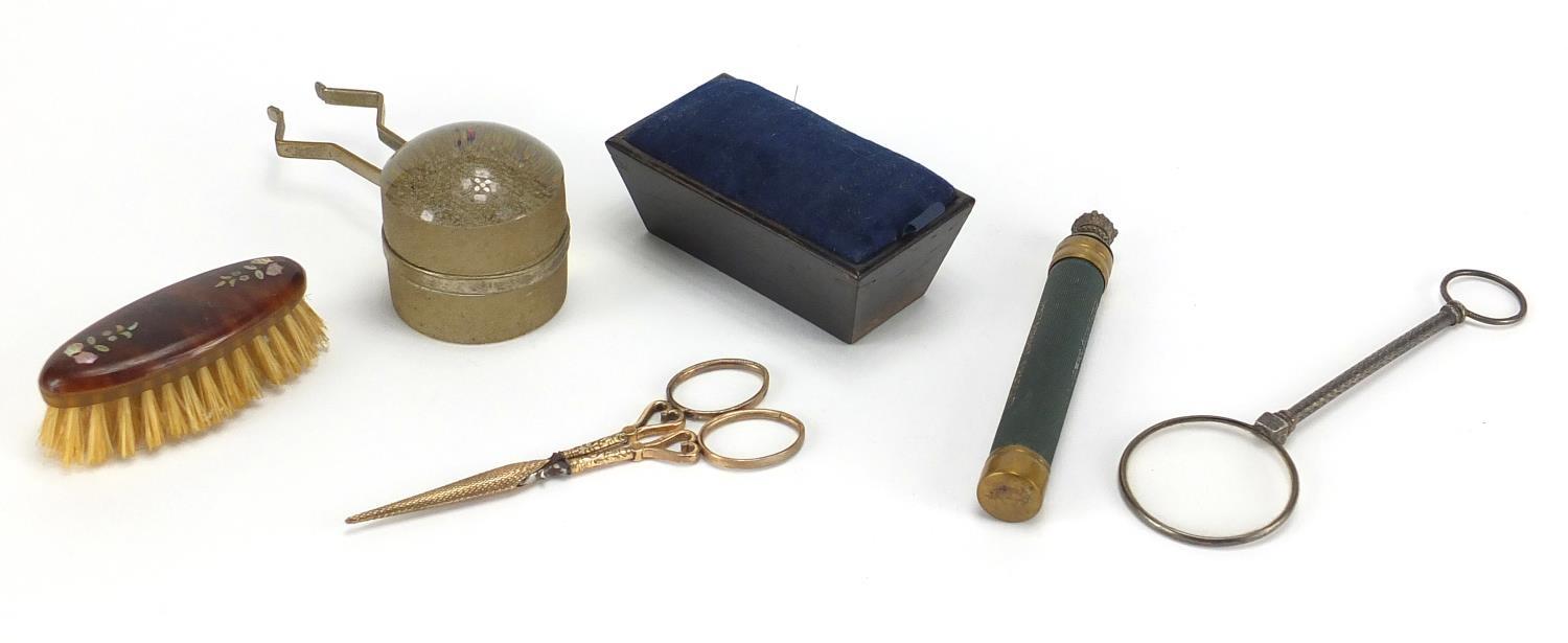 Antique and later miscellaneous objects including a pair of gold coloured metal scissors, Frascati