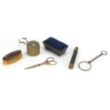 Antique and later miscellaneous objects including a pair of gold coloured metal scissors, Frascati