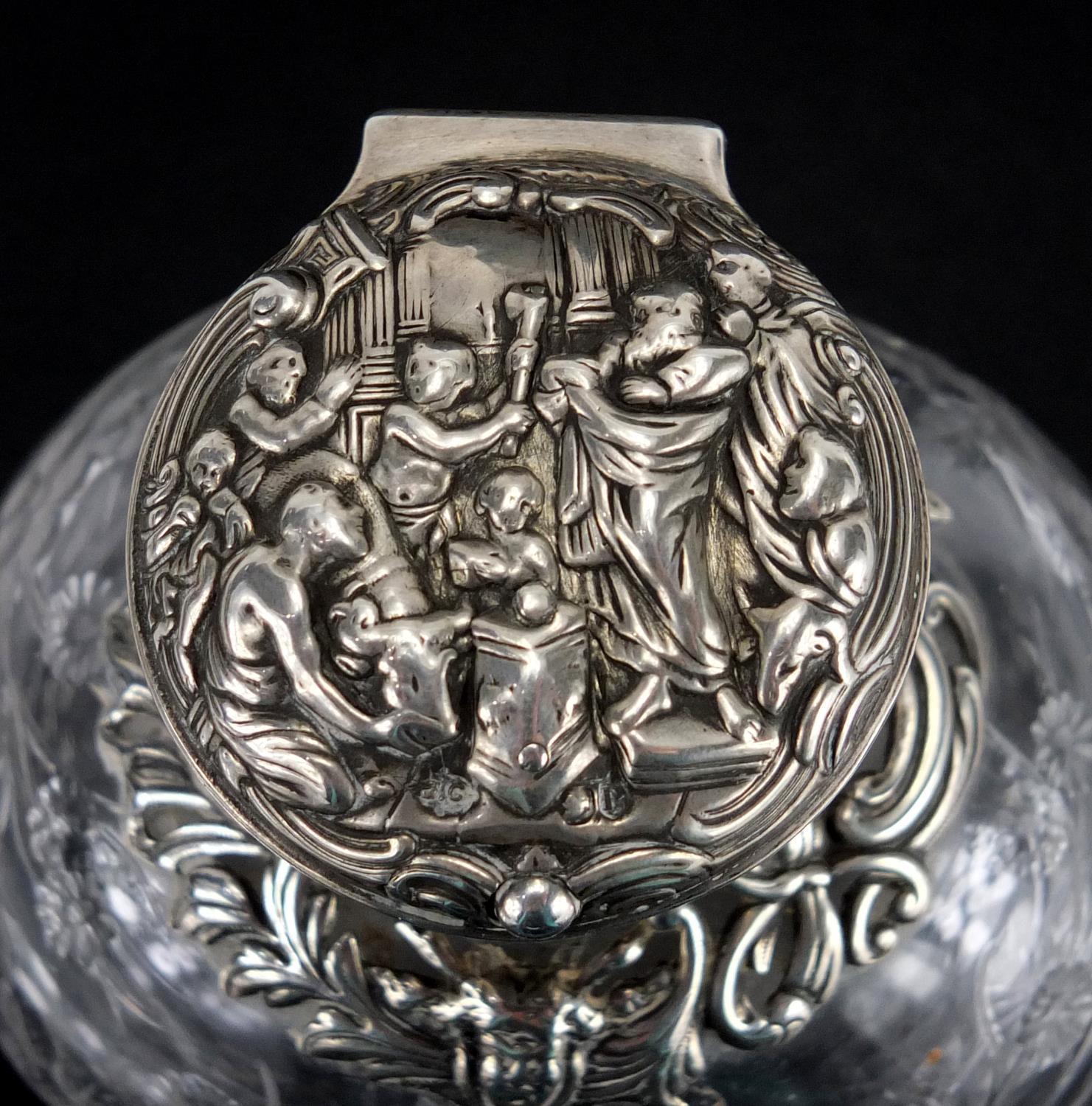 Victorian silver topped Webb rock crystal scent bottle carved with a bird amongst flowers, the - Image 3 of 11