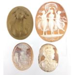 Three cameo panels including three Graces and a lava maiden head panel, the largest 5cm in length