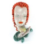 Art Deco pottery face mask of a female by Goldscheider, factory marks and impressed 6TTA to the