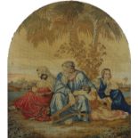 19th century needlepoint depicting figures surrounding a tree, housed in a carved rosewood frame,