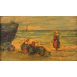 Figures looking out to sea, beach scene, oil on wood panel, bearing an indistinct signature Jsoudin?